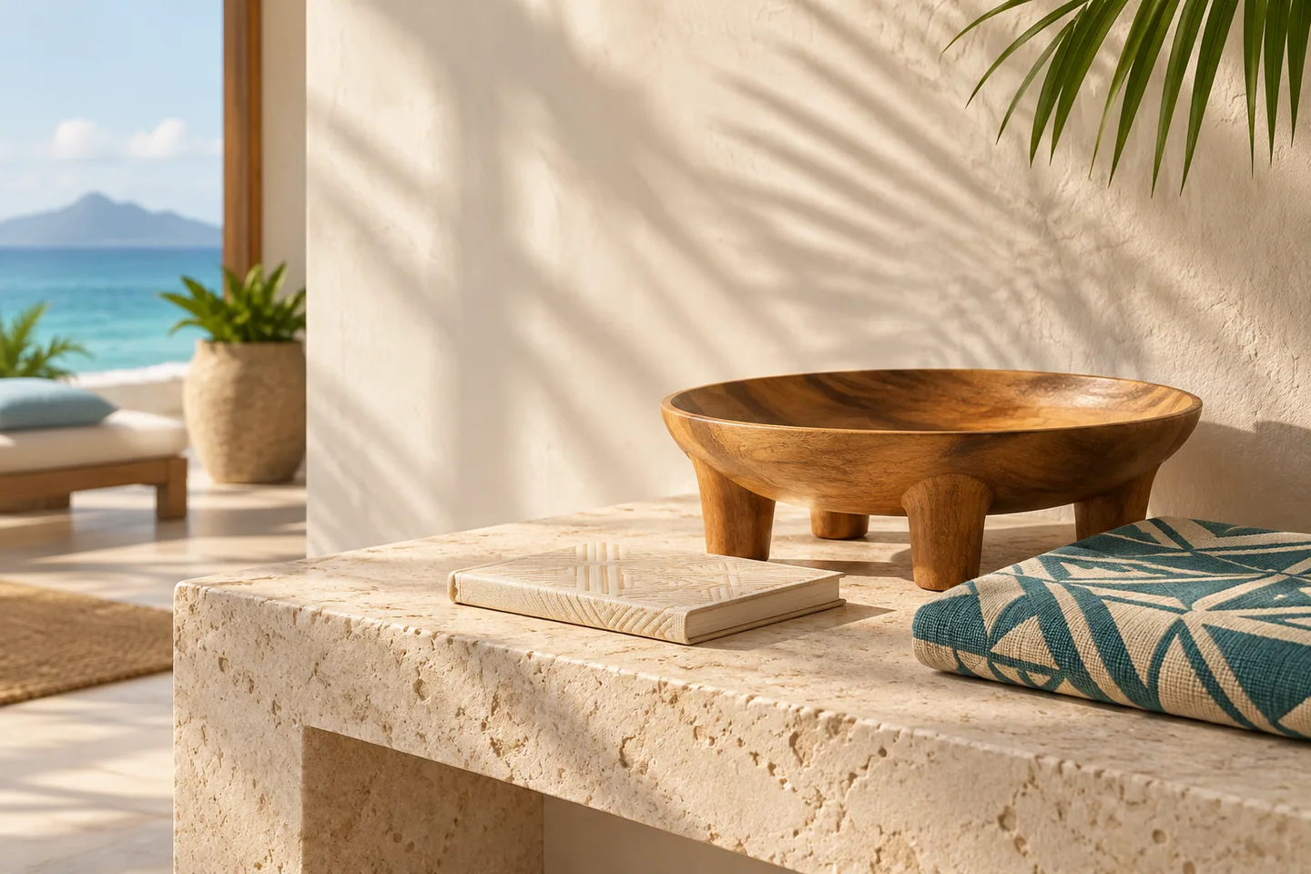 Generated concept still life of a timber bowl, geometric notebook and folded textile in a sunlit interior